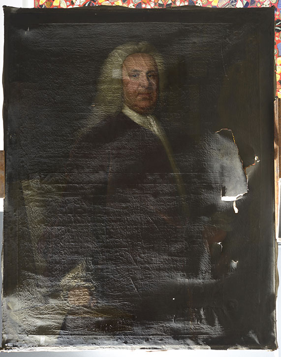 The portrait of Dr Mead, before treatment, showing poor tension, stretcher-bar marks and undulations