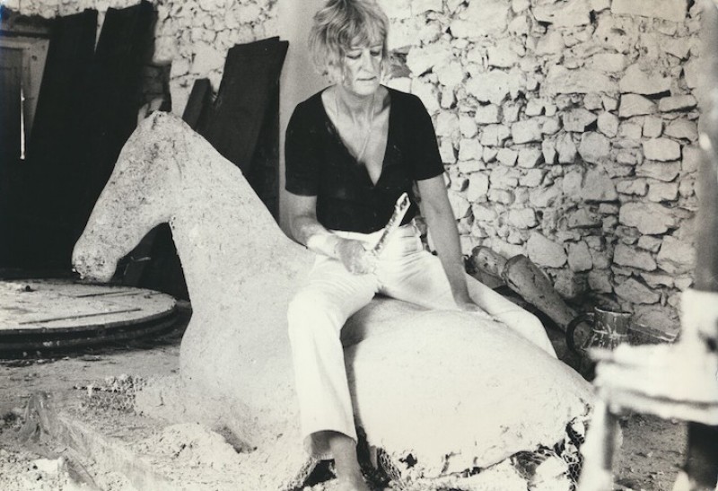 Elisabeth Frink with 'Lying Down Horse', France, 1969