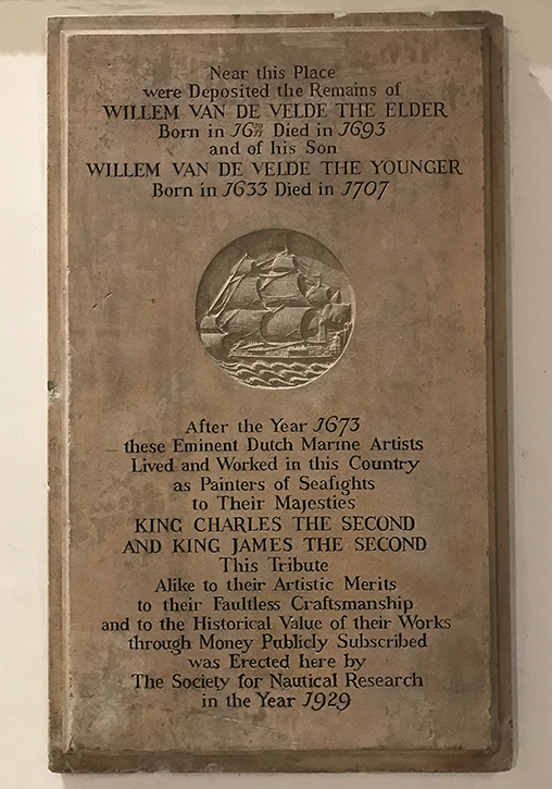 The Van de Velde memorial tablet in St James's Church, Piccadilly