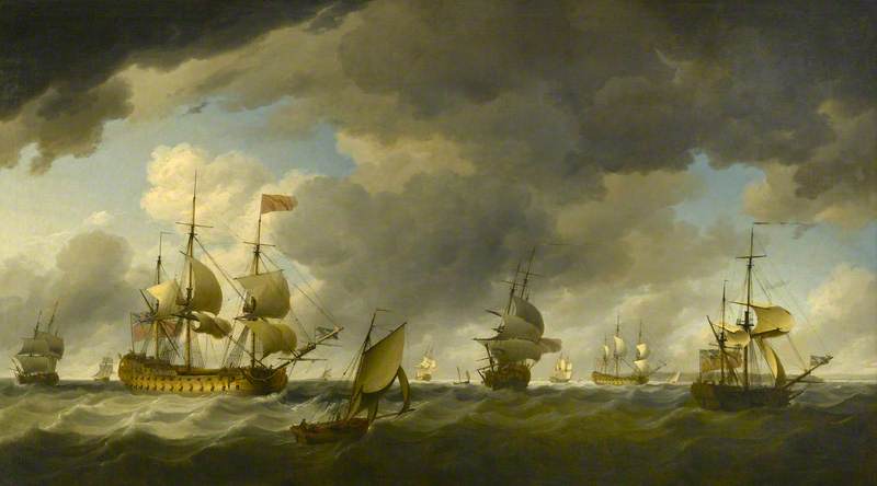 A Flagship, Wearing the Flag of a Vice Admiral of the Red, before the Wind off the English Coast, with a Cutter, a Ketch-rigged Sloop and Other Shipping
