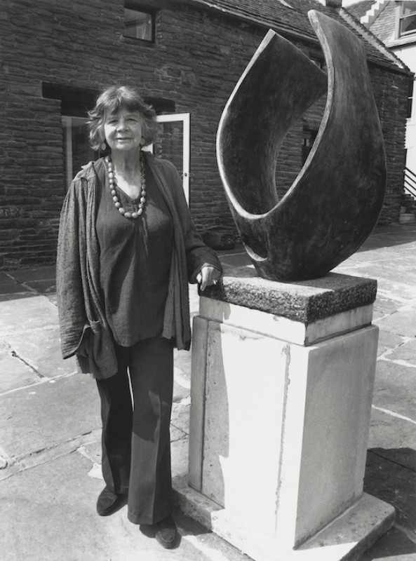 Margaret Gardiner at the Pier c.1980 with 'Curved Form (Trevalgan)' by Barbara Hepworth (1903–1975)
