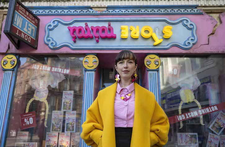 Rachel Maclean outside 'Don't buy Mi' in Ayr High Street