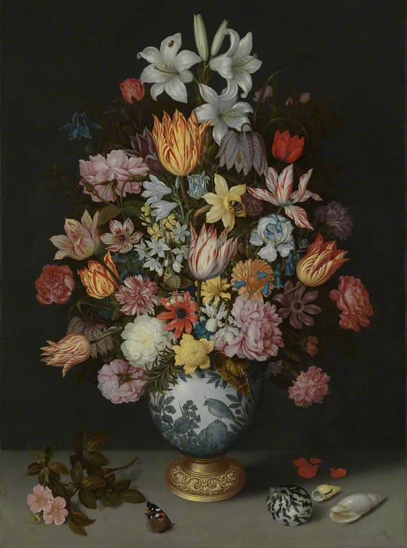 A Still Life of Flowers in a Wan-Li Vase on a Ledge with further Flowers, Shells and a Butterfly