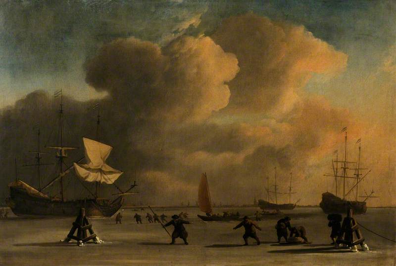 A Frozen Waterway with Three Icebound Ships