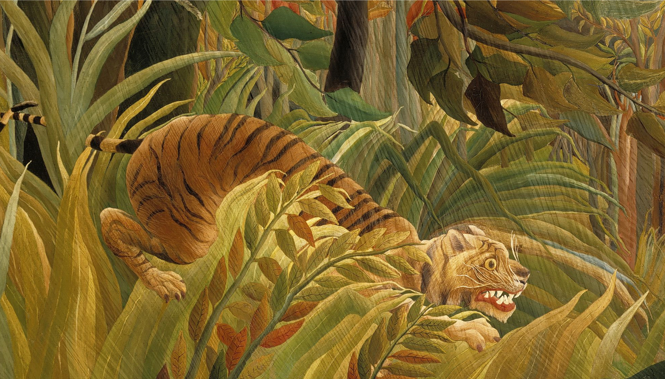 A detail from <i>Surprised!</i>, 1891, oil on canvas by Henri Rousseau (1844–1910). Image credit : The National Gallery, London